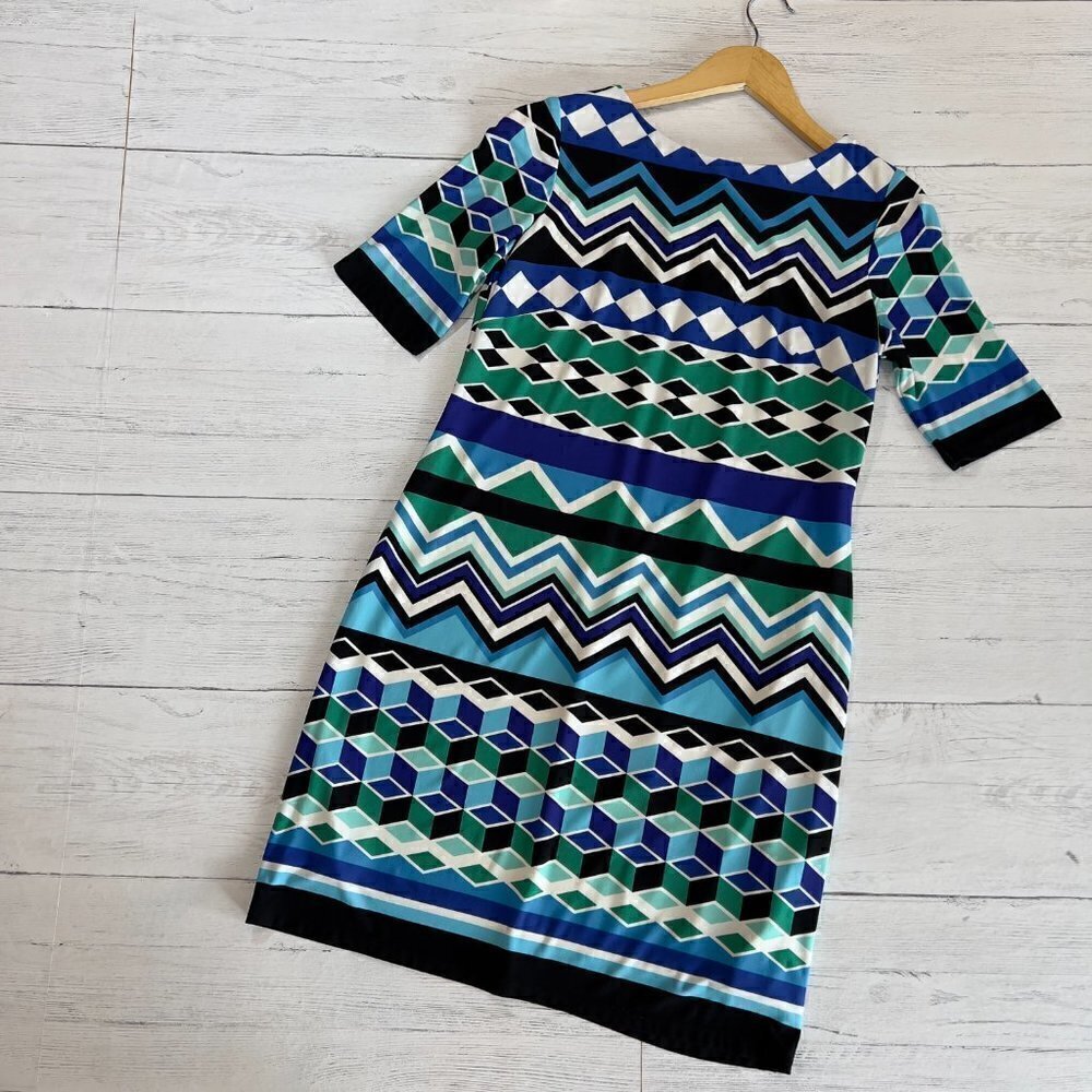 Eliza J Dress Womens Size 4P Blue and Green Geometric Pattern Shift Abstract Mod